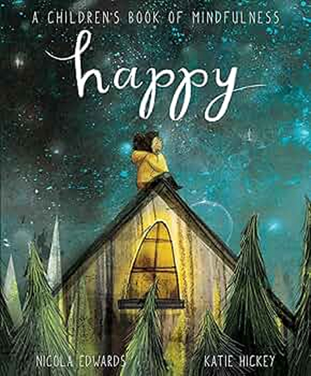 Children's mindfulness book cover, 'Happy', nighttime illustration.