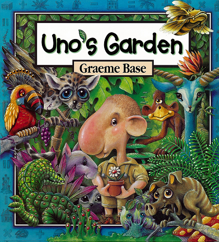 Uno's Garden book cover with colorful animals.
