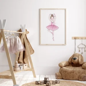 Children's room with ballet decor and plush bear.
