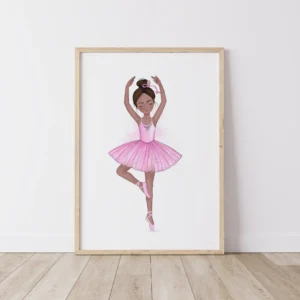 Illustration of a ballerina in a pink tutu on timber floor