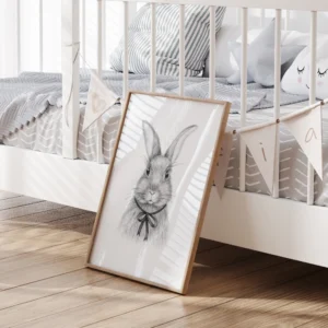 Nursery with rabbit illustration and crib decor.