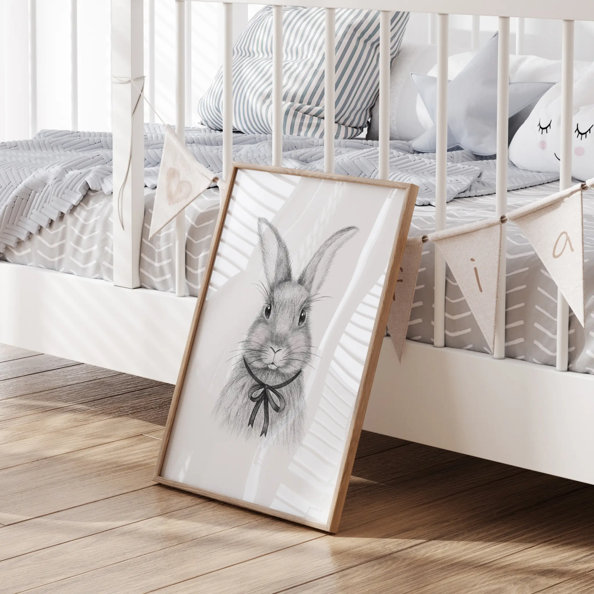 Nursery with rabbit illustration and crib decor.
