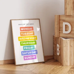 Colorful days of the week poster on floor.
