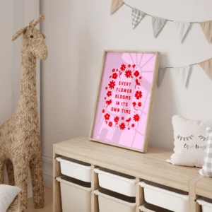 “every flower blooms in its own time” inspirational quote with floral design in red hues