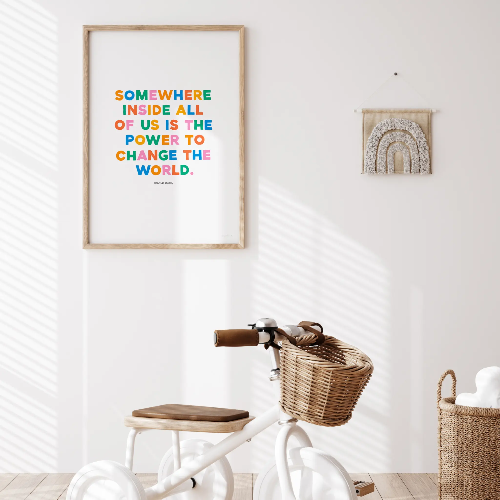 "Power to change the world" inspirational quote print by Roald Dahl - timber frame and tricycle