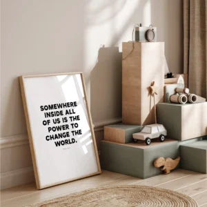 "Power to change the world" inspirational quote print by Roald Dahl - timber frame in cozy room