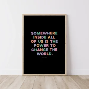 "Power to change the world" inspirational quote print by Roald Dahl - timber frame on floor