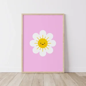 Smiling sun flower poster on pink background.