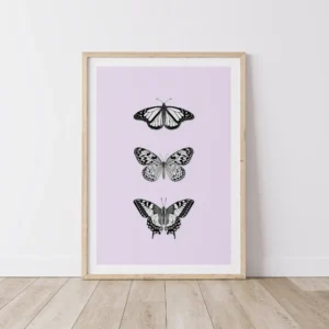 Framed art print with three black butterflies on timber floor.